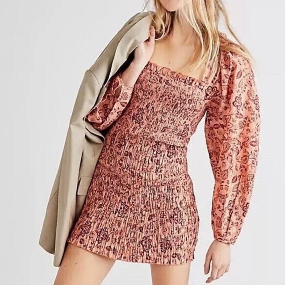 Free People “Smock It To Me” Floral Paisley Smocked Mini Dress